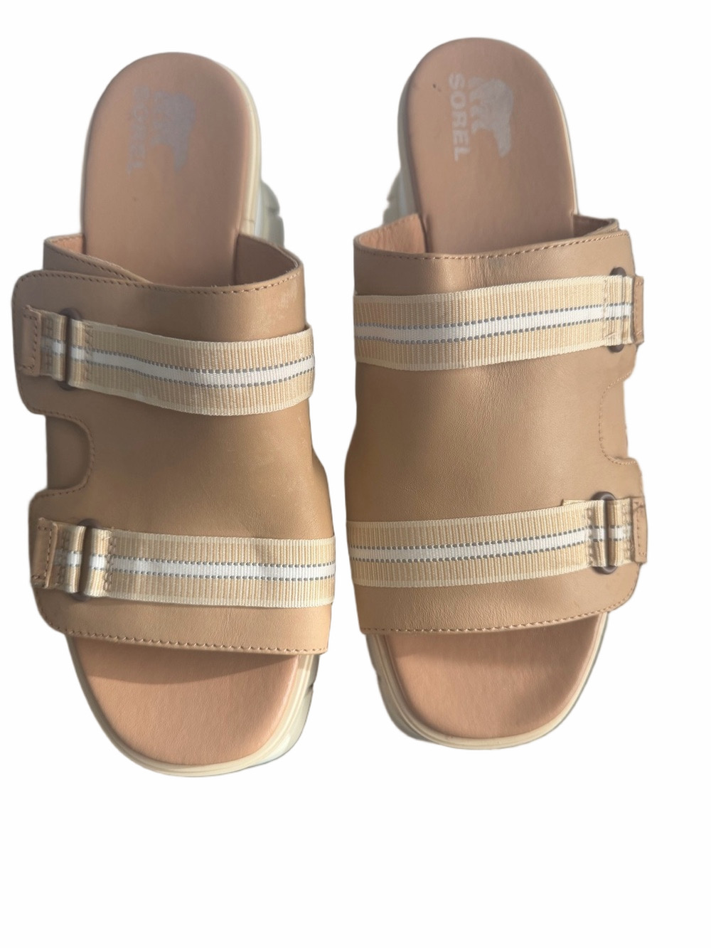 Sorel Joanie III Wedge Slide Sandals Beige Leather Platform Size 11 EUC